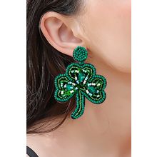 Blackish Green St Patrick Shamrock Rice Beaded Stud Earrings
