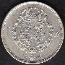 1948 Sweden 1 Krona Silver Coin