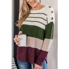 Green Color Block Striped Buttoned Shoulder Split Sweater