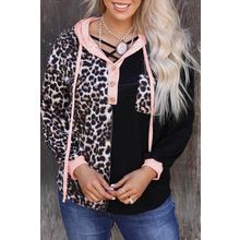 Black Leopard Patchwork Buttoned Hooded Sweatshirt