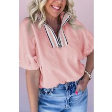 Light Pink Contrast Striped Collar Patchwork Textured Half Sleeve Blouse
