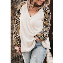 Beige Printed Plus Size Waffle Knit Contrast Leopard Long Sleeve Top