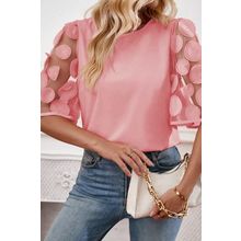 Dusty Pink Contrast Applique Mesh Half Sleeve Blouse