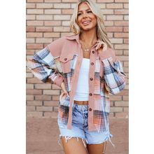 Light Pink Plaid Corduroy Patchwork Chest Pocket Shacket