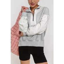 Gray Half Zipper Collared Drop Shoulder Side Slits Sweatshirt