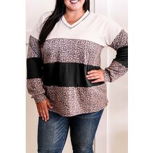 Black Leopard Print Colorblock V Neck Long Sleeve Plus Size Top