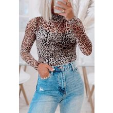Brown Leopard Smocked Neck Mesh Long Sleeve Bodysuit