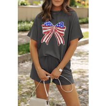 Carbon Grey Independence Day Sequin Bow Graphic Twist Rib Textured Short Set