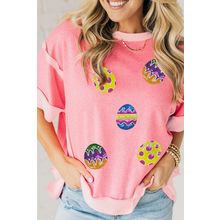 Peach Blossom Sequined Easter Eggs Contrast Patchwork Detail Short Sleeve Blouse