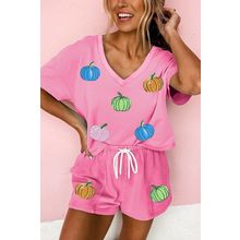 Bonbon Sequin Halloween Pumpkin Pattern V Neck Tee and Drawstring Bottoms Casual