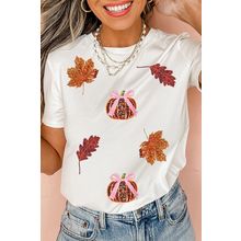 White Sequined Pumpkin Leaves Fall Vibe Graphic T Shirt