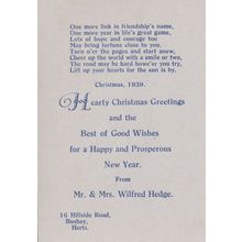 1939 WW2 Xmas Greeting Card from Hillside Road Bushey Hertfordshire