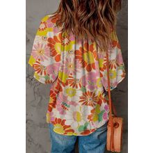 Orange Abstract Print V Neck Half Sleeve Blouse