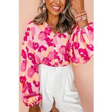 Pink Blooming Floral Print Puff Sleeve Buttoned Shirt