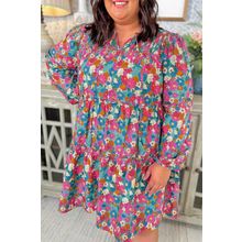 Sky Blue Plus Size Floral Print Shirred Ruffle Tiered Mini Dress