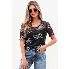 Black Bow Printed Mesh Short Sleeve Top