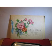 ROSES, , BIRTHDAY GREETINGS CARD vintage with paper insert, ribbon 10 x 14 cms =