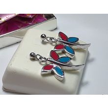 Estate 2 Sided Blue & Red Enamel DragonFly Sterling Silver Dangle Earrings#19090