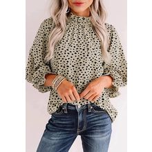 Khaki Frilled Neck 3/4 Sleeves Cheetah Blouse