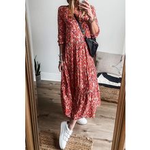 Orange Abstract Print V Neck Pleated High Waist Midi Dress