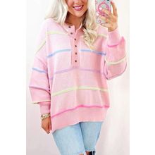 Pink Rainbow Stripes Drop Shoulder Baggy Henley Sweater