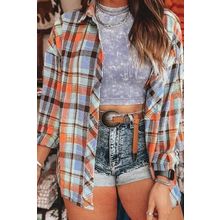 Orange Plus Size Plaid Print Buttoned Shirt