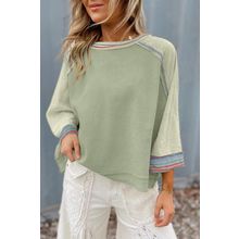 Meadow Mist Green Waffle Knit Wide Bracelet Sleeve Patchwork Raglan Top