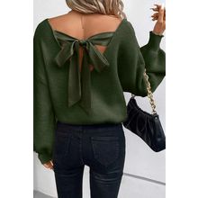 Jungle Green Lantern Sleeve V Neck Knot Back Sweater