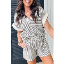 Black Stripe V Neck Tee and Casual Short Set
