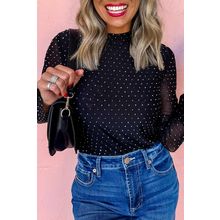 Black Rhinestone Embellished Mesh Long Sleeve Top