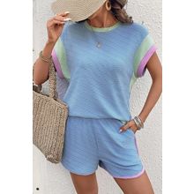 Beau Blue Corded Knit Contrast Trim Round Neck Cap Sleeve 2pcs Short Set