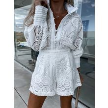 Lace Button Detail Long Sleeve Top and Shorts Set