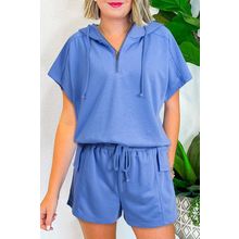 Sky Blue Casual Zipped Short Sleeve Hoodie and Shorts Set