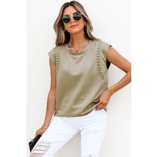 Sage Green Studded Cap Sleeve Round Neck T Shirt
