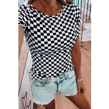 Black Checkered Ribbed Slim Fit Crew Neck T Shirt