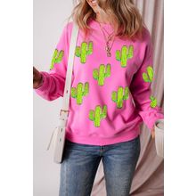 Bonbon Sequined Cactus Pattern Crewneck Pullover Sweatshirt
