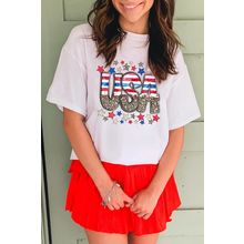 White Patriotic Star Leopard USA Letter Graphic T Shirt