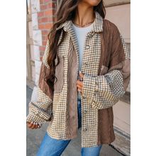 Khaki Houndstooth Color Contrast Textured Patchwork Loose Shacket