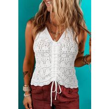 Beige Trendy Hollowed Knit V Neck Drawstring Sweater Vest