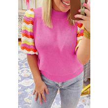 Pink Ribbed Knit Contrast Sleeve Sweater Top