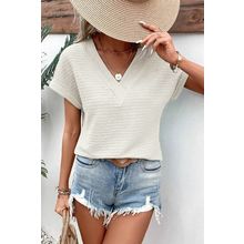 Pale Khaki Textured Wide Sleeve V Neck T Shirt