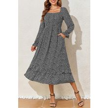 Black Floral Printed Long Sleeve Square Neck Midi Dress