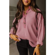Pink Waffle Long Sleeve Collar Half Button Loose Top