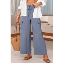 Dark Grey Drawstring Frilled Waist Wide Leg Utility Trousers
