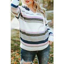 Plus Size Striped Hooded Knit Sweater