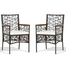2 Pieces PE Wicker Patio Bistro Dining Chairs with Acacia Wood Armrests and C...
