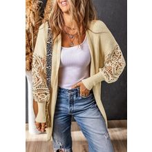 Apricot Crochet Lace Sleeve Ribbed Knit Cardigan