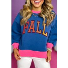 Blue FALL Graphic Color Block Bubble Sleeve Sweatshirt