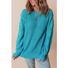 Turquoise Ruffled Eyelet Bubble Sleeve Sweater
