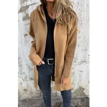 Light French Beige Solid Color Casual Zip up Hooded Coat